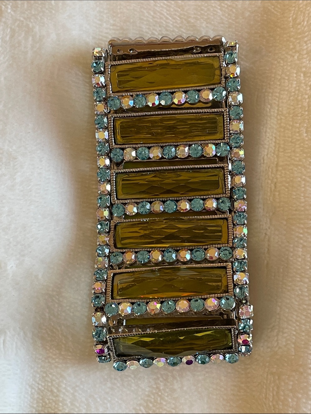 JCChina Iridescent Rhinestones Silver Wide Green Panel Stretch Bracelet Crystals - Picture 5 of 11